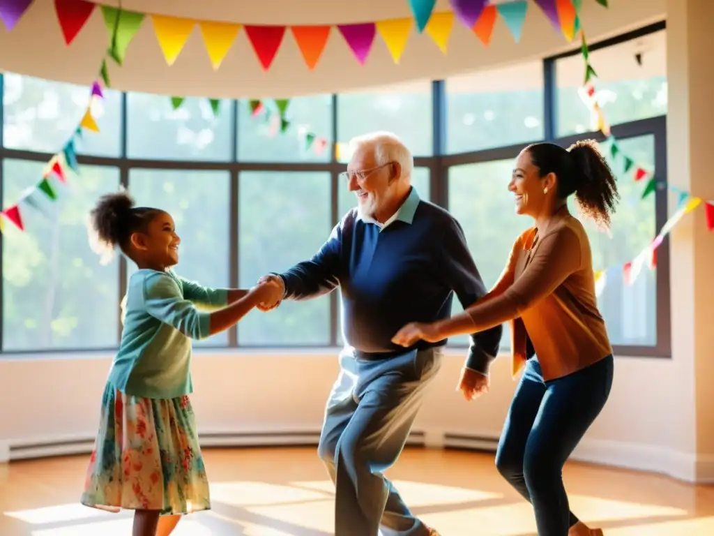 Abuelos, padres e hijos bailando juntos en un taller de danza, mostrando unión familiar y alegría en un ambiente lleno de color y luz