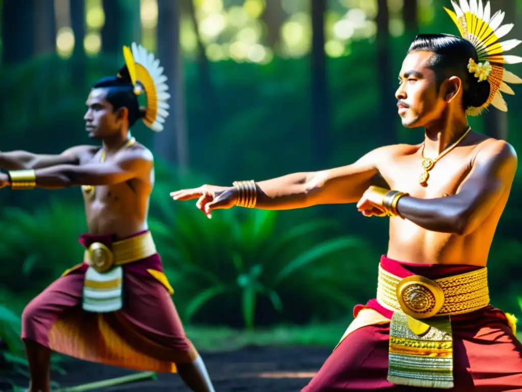 Academias de danzas de guerra balinesas: Guerreros practicando danza Baris en la selva, con movimientos poderosos y expresiones fieras