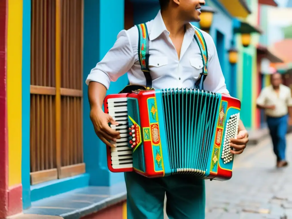 Un acordeón vallenato con significado cultural, tocado con pasión en una animada escena callejera colombiana