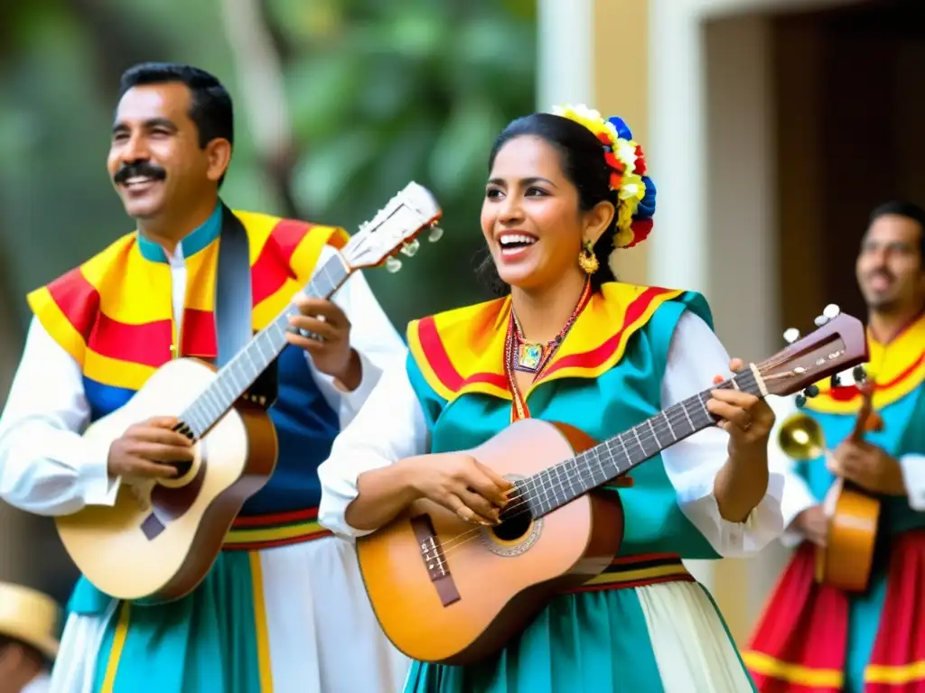 Acordes de fiesta en el joropo venezolano: Músicos tocan el cuatro en celebración tradicional llena de color y energía