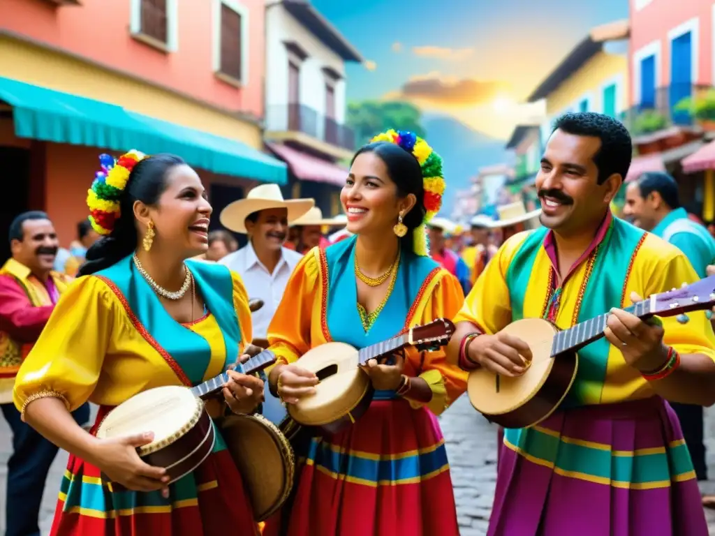 Acordes de fiesta en el joropo venezolano: Músicos tocan cuatros, maracas y arpas, vistiendo trajes tradicionales en una animada celebración