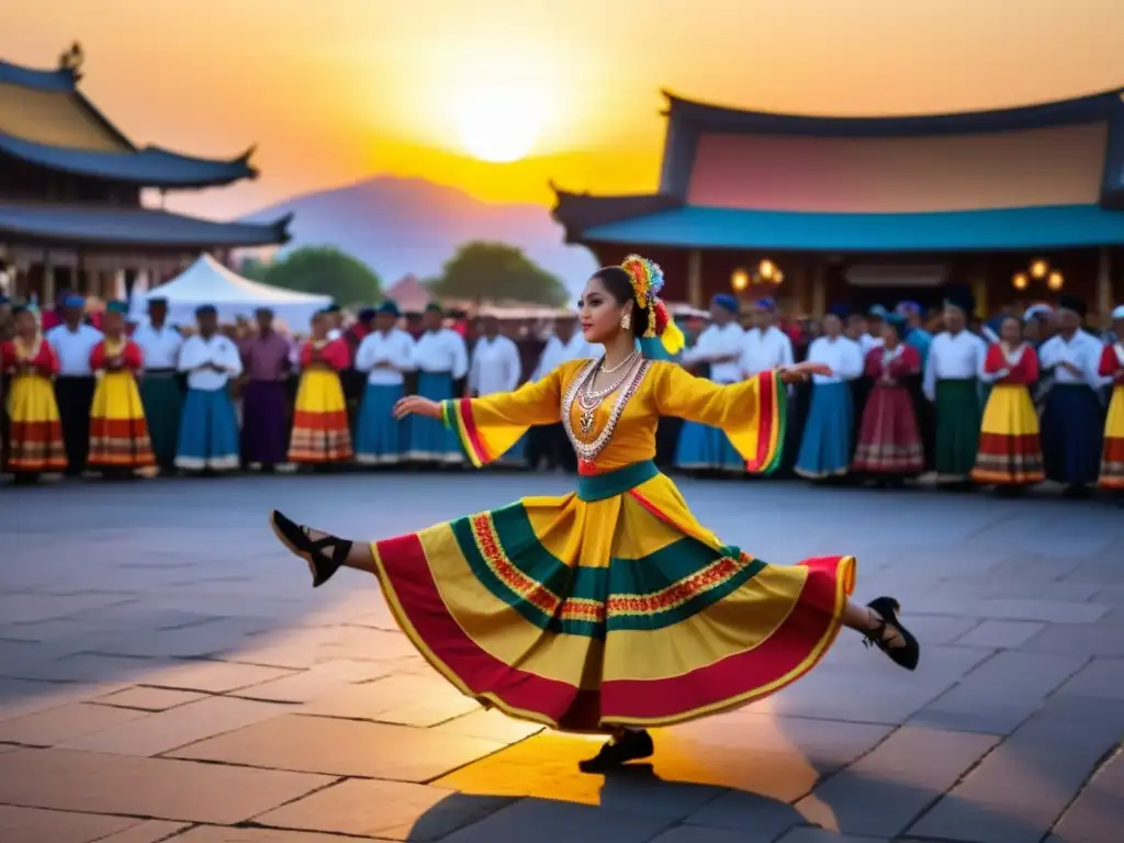 Una actuación de danza tradicional en una plaza vibrante, con bailarines y un público admirativo, en un atardecer cálido