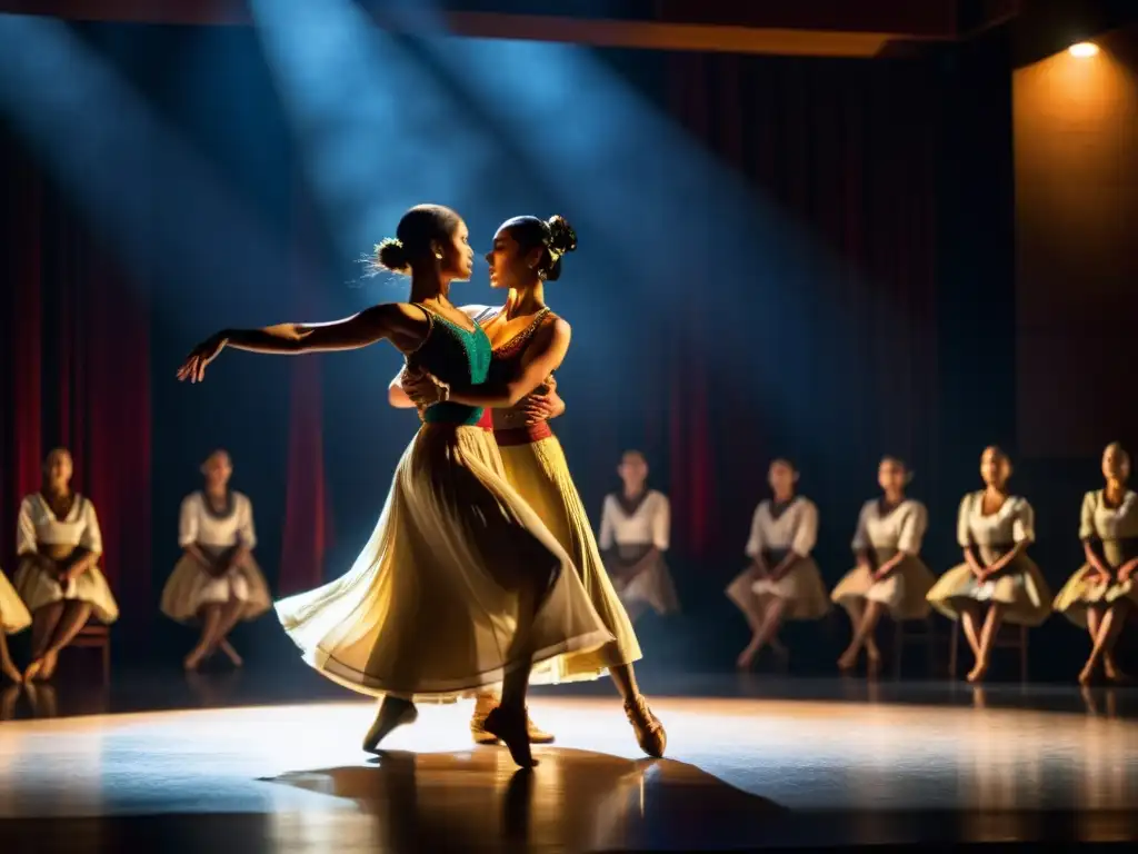 Actuación de danza tradicional en teatro iluminado, transmitiendo emoción y narrativa a través del baile