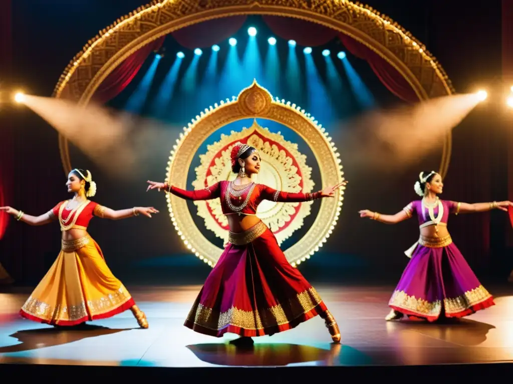 Una actuación de danzas clásicas de la India en un escenario grandioso, con trajes vibrantes y movimientos elegantes, cautivando a la audiencia