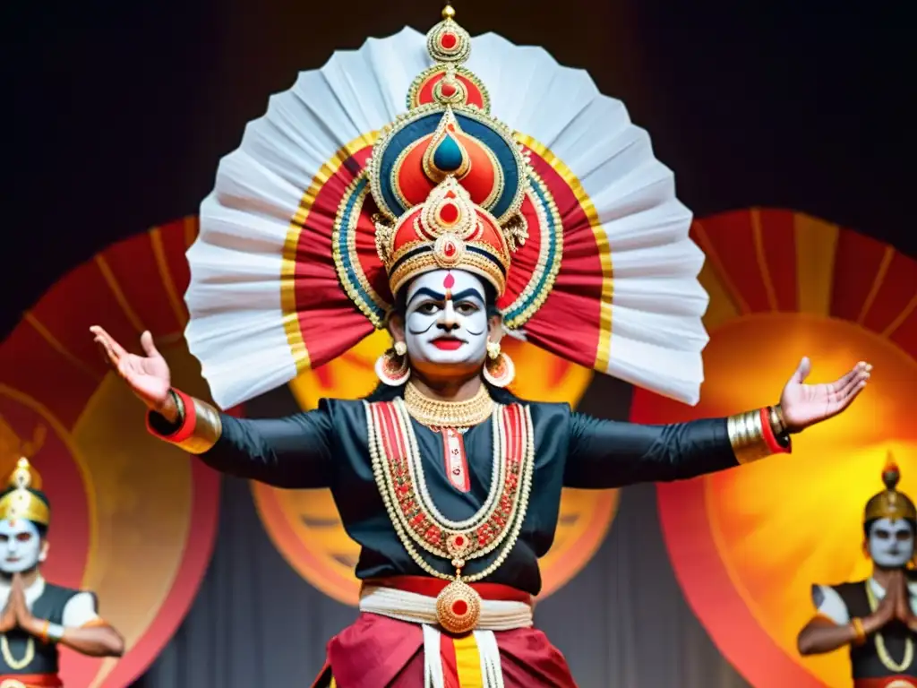 Actuación hipnótica de Yakshagana: TeatroDanza India Significado con colores vibrantes y expresiones emocionantes en un escenario tradicional