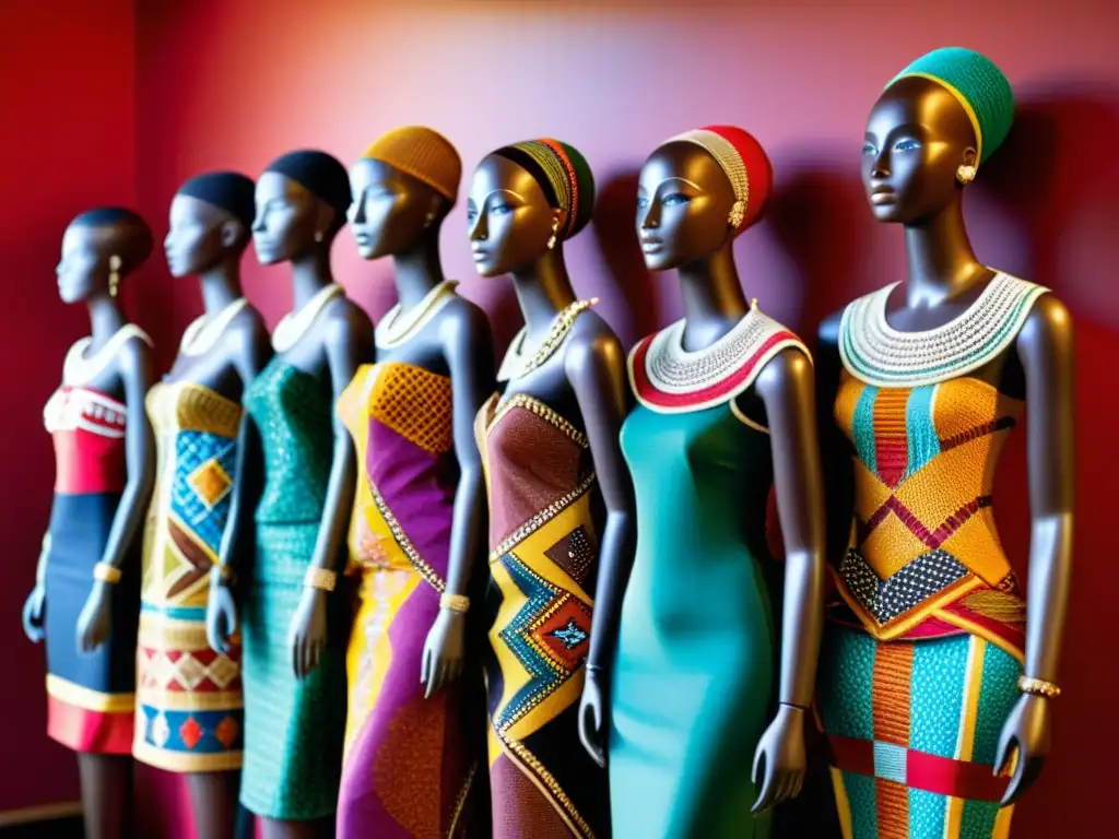 Maniquíes africanos lucen vestimenta tradicional con influencias culturales en ambiente museístico