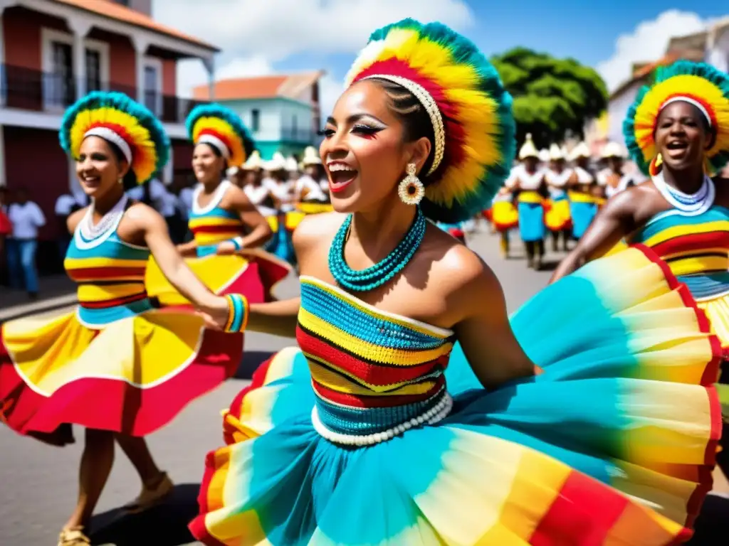 Vestimenta afrouruguaya en danza candombe: Grupo de bailarines con trajes coloridos y energía vibrante