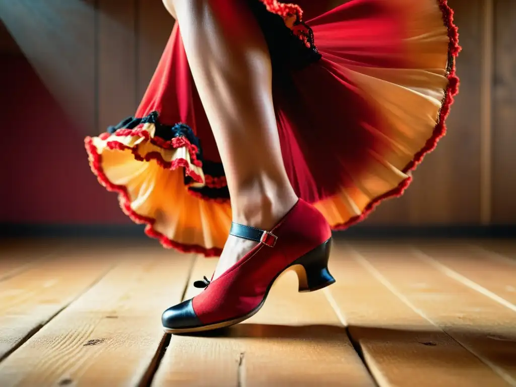 Los ágiles pies de una bailaora de flamenco danzan sobre el escenario de madera, levantando polvo