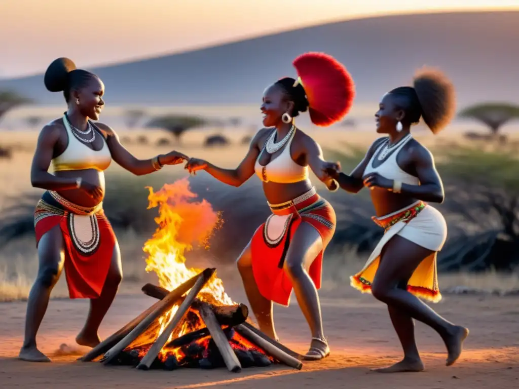 Un ancestral y vibrante ritual de danzas de fertilidad africana al atardecer en la sabana, con mujeres adornadas con trajes tradicionales coloridos, danzando alrededor de una hoguera central mientras la luz dorada baña la escena, creando largas sombras dramáticas