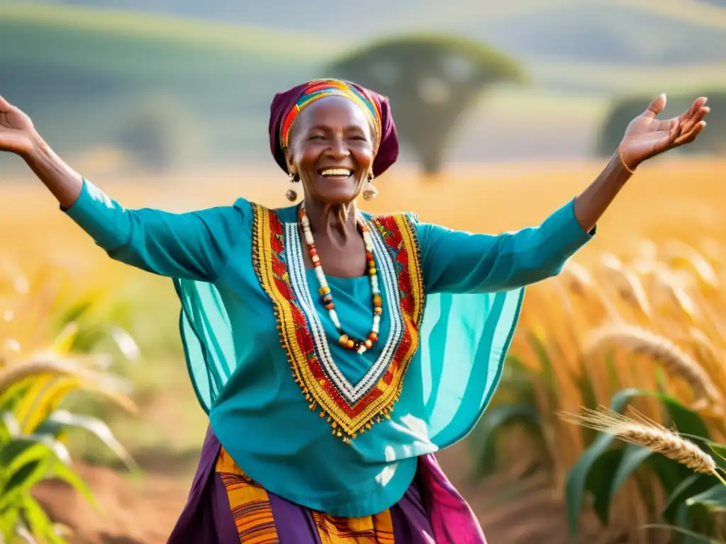 Una anciana africana en traje tradicional danza graciosamente en un campo soleado, rodeada de altos cultivos dorados