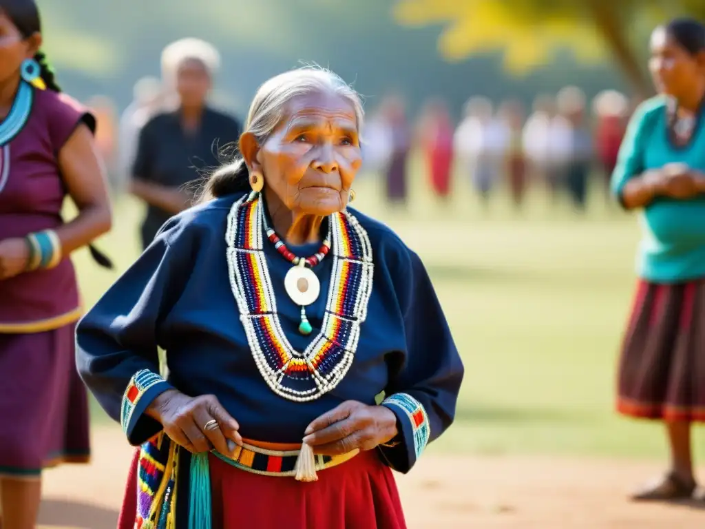 Una anciana indígena ejecuta una danza sagrada, rodeada por jóvenes en un claro soleado