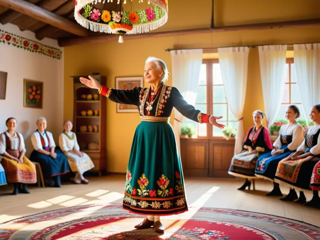 Una anciana polaca viste un traje tradicional y enseña la danza mazurka a jóvenes