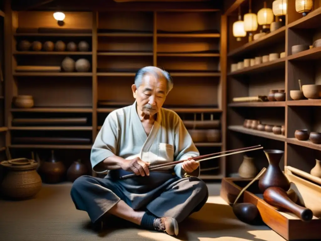 Un anciano artesano trabaja en un taller tenue, rodeado de instrumentos de madera tallados a mano