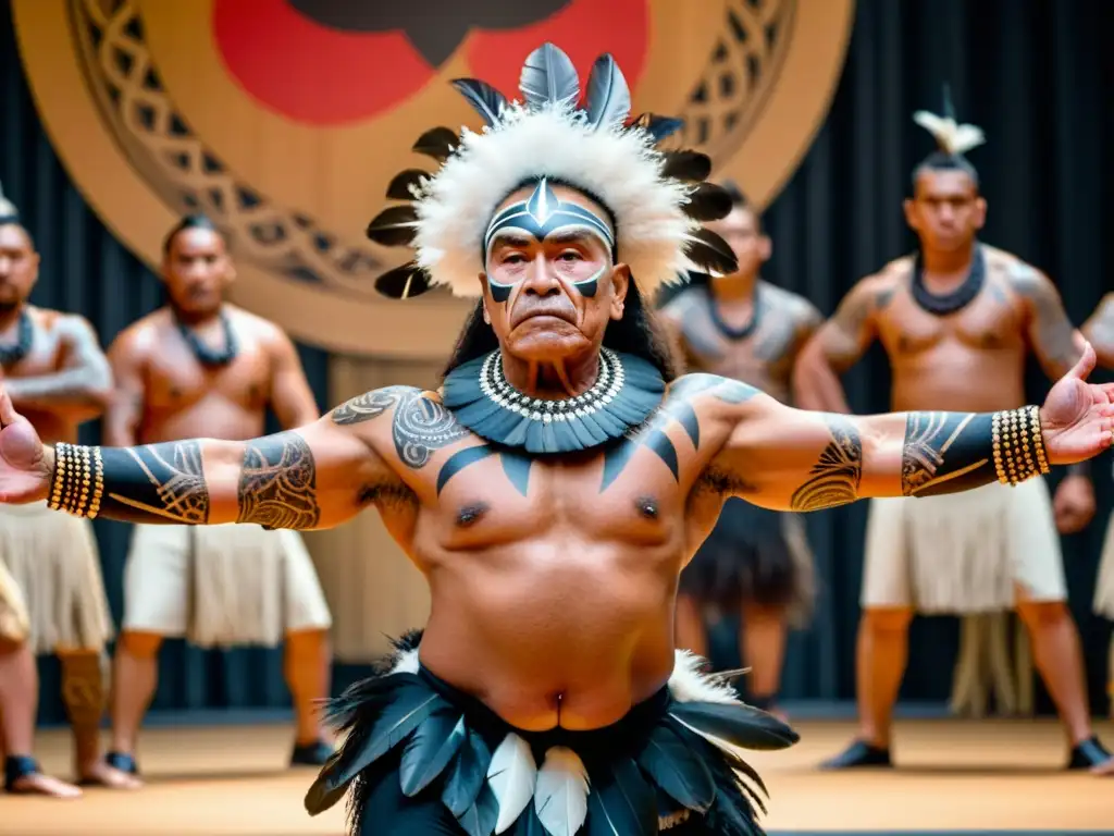 Un anciano bailarín maorí ejecuta un poderoso haka, rodeado de jóvenes, en un escenario que simboliza la evolución de las danzas maoríes