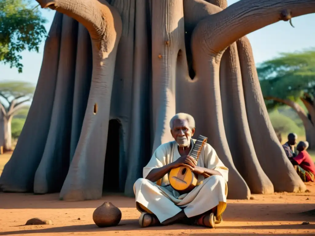 Un anciano griot toca la kora bajo un baobab, cautivando a su público con la importancia del griot en danza africana