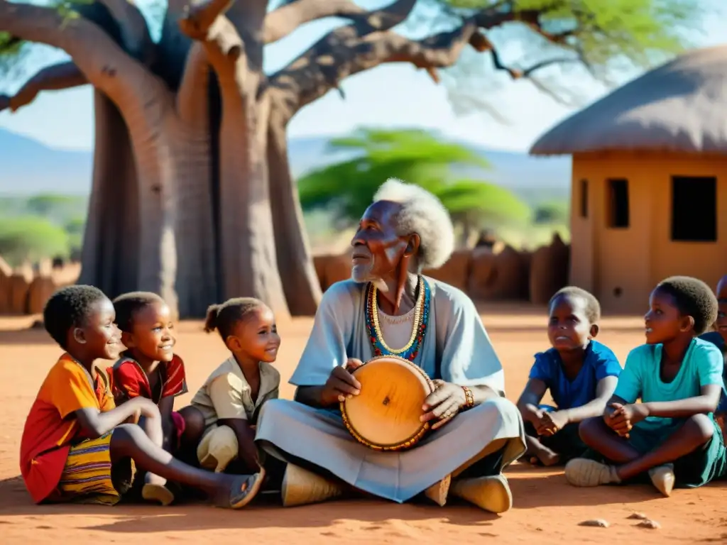 Un anciano griot cuenta historias bajo un árbol baobab, rodeado de niños fascinados