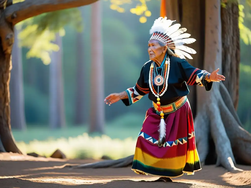 Un anciano indígena adornado con trajes tradicionales realiza una danza sagrada en un claro soleado, rodeado de árboles antiguos