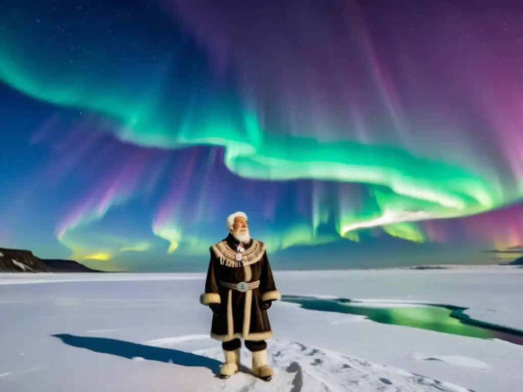 Un anciano inuit observa una danza tradicional bajo las luces del norte, reflejando el significado cultural y la conexión a la tierra de su pueblo