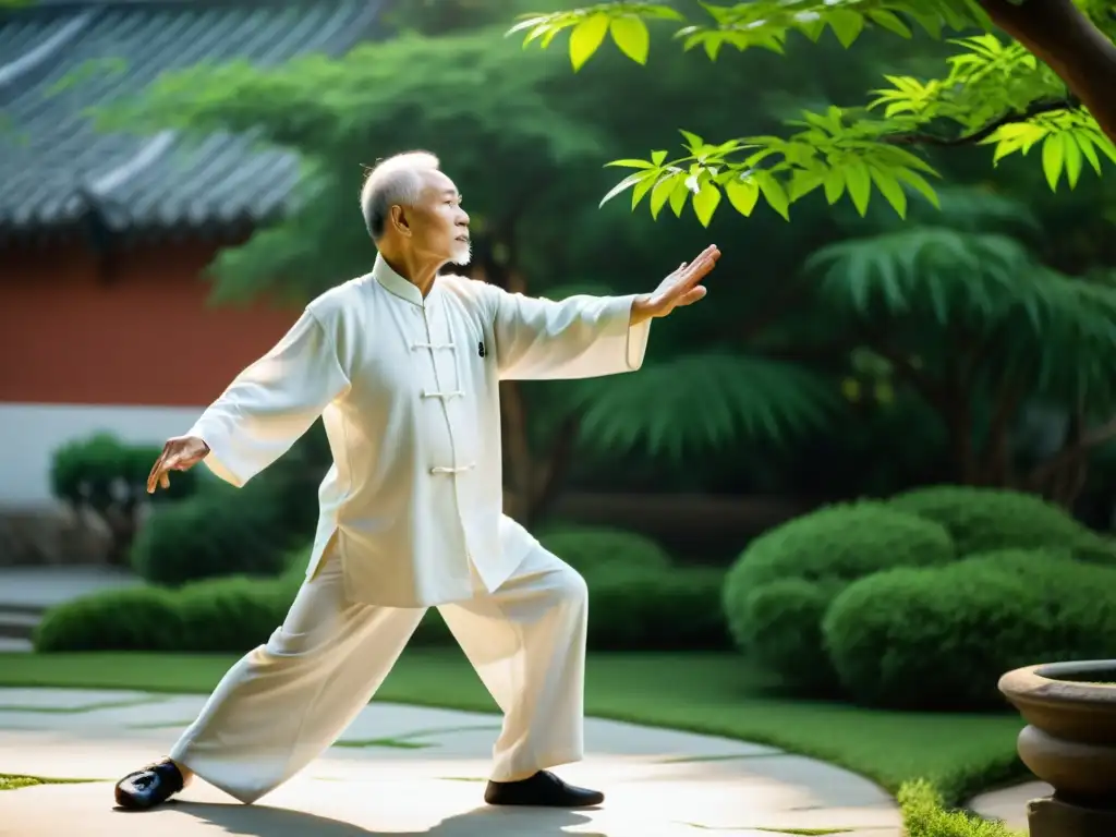 Un anciano maestro de Tai Chi Chuan realiza con gracia una técnica de 'manos de nube' en un patio sereno y bañado por el sol