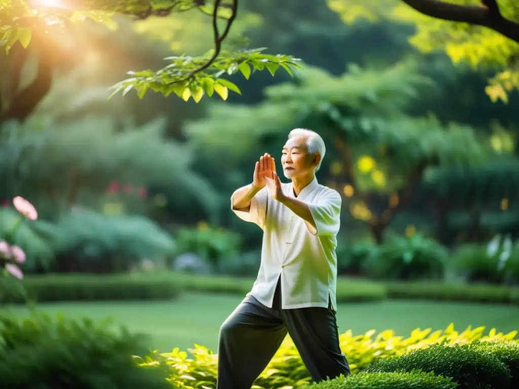 Un anciano maestro de Tai Chi realiza con gracia movimientos lentos en un jardín tranquilo