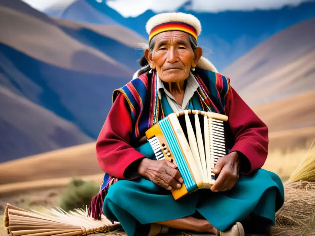 Un anciano músico Aymara toca la flauta en las montañas nevadas, evocando la música Aymara en danzas Altiplano