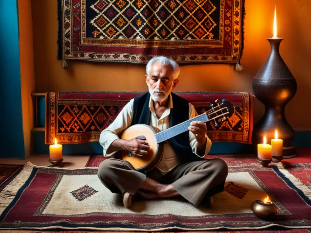 Un anciano músico toca con reverencia el tar en un ambiente cálido y ornamentado, evocando técnicas de danza tradicional azerí