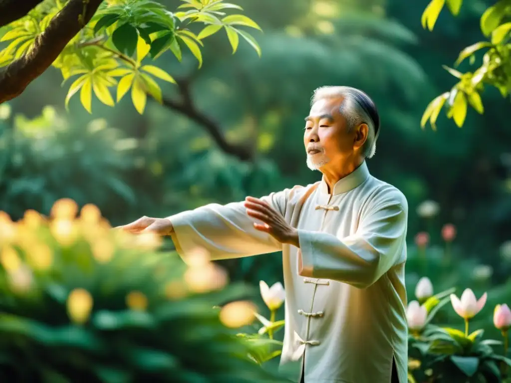 Un anciano practicante de tai chi se desliza con gracia por un exuberante jardín, rodeado de vegetación vibrante y flores en pleno esplendor