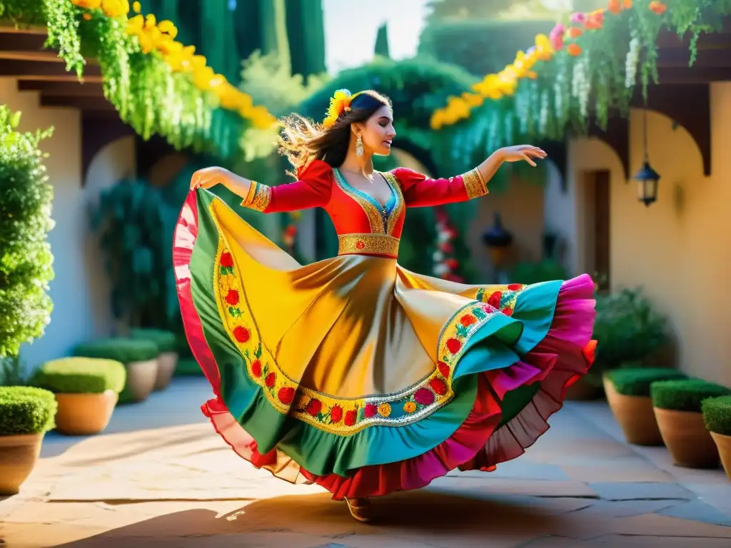 Jardín andaluz vibrante con decoración exterior inspirada en danzas tradicionales, bailarina española y flores en floración