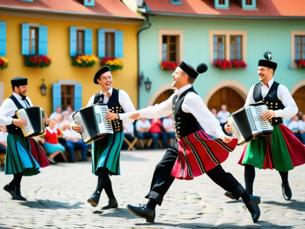 Una animada actuación de una banda de polka checa en una plaza de pueblo, con bailarines en trajes tradicionales girando al compás de la música