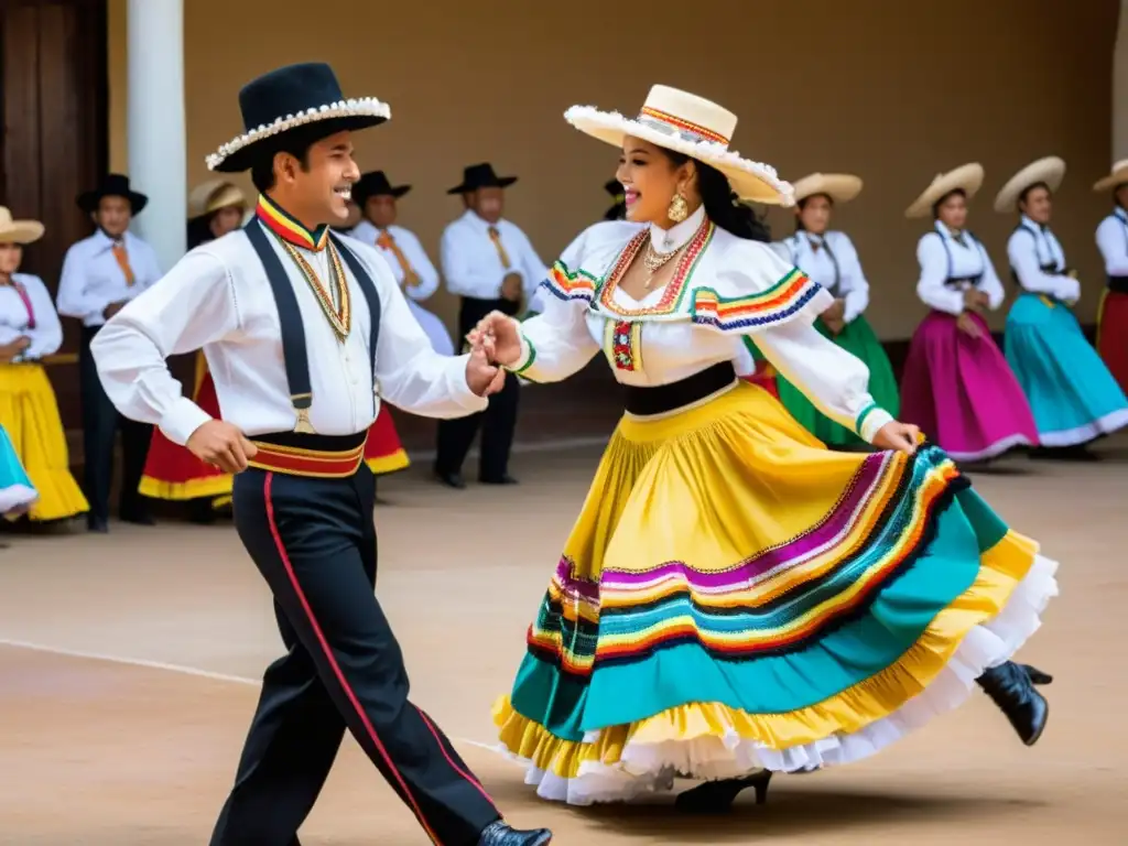 Una animada actuación de la cueca boliviana, con trajes coloridos y bordados