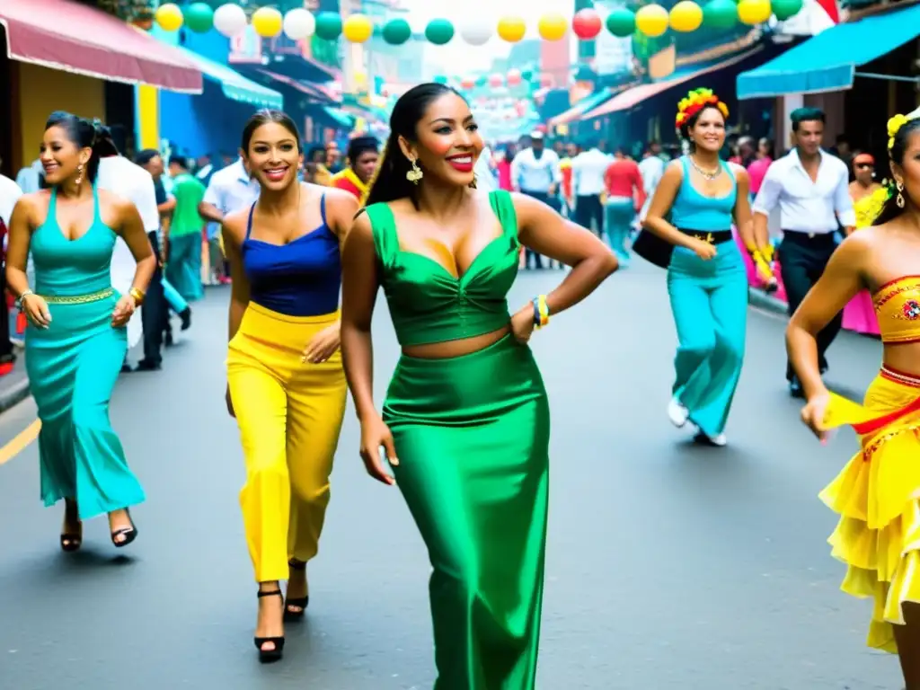 Festival de Salsa en Cali: Danza y Color en las Calles Una animada calle en Cali, Colombia durante el festival anual de Salsa, con bailarines en trajes tradicionales y música vibrante