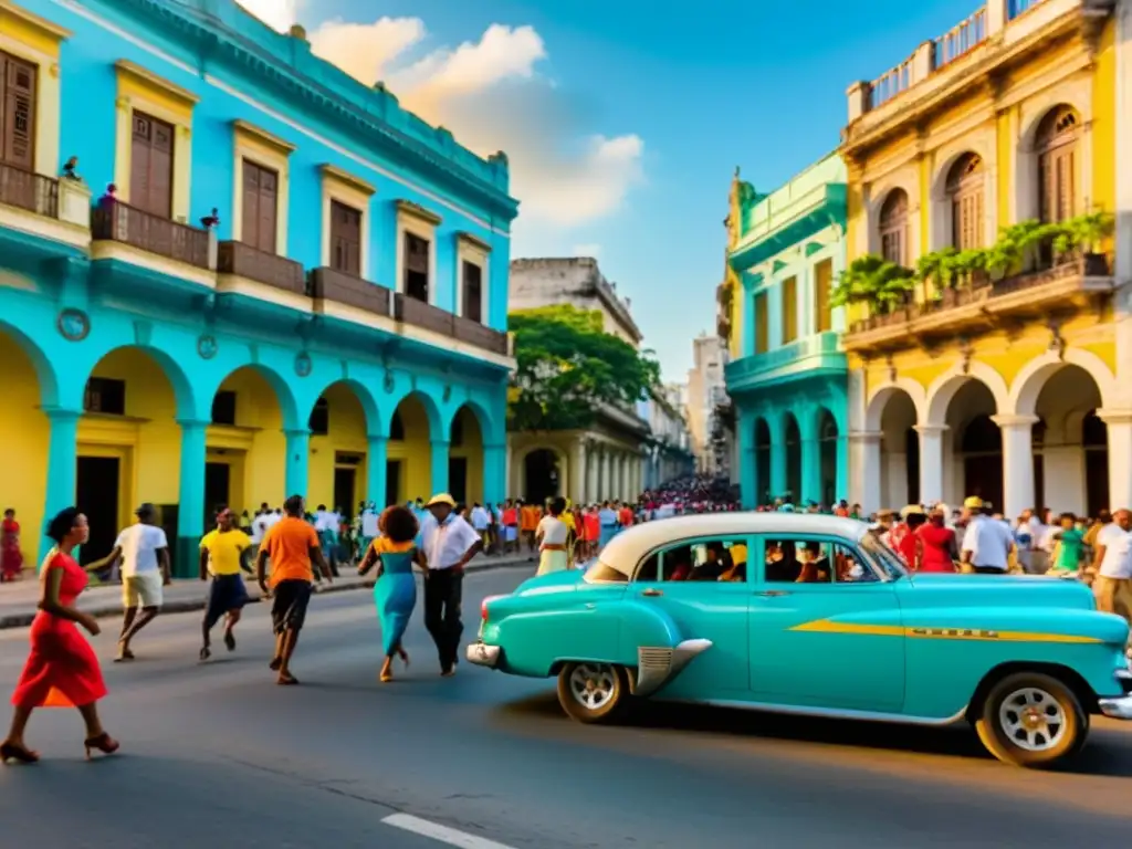 Una animada calle de La Habana, Cuba, llena de colores vibrantes y gente bailando al ritmo de la Rumba