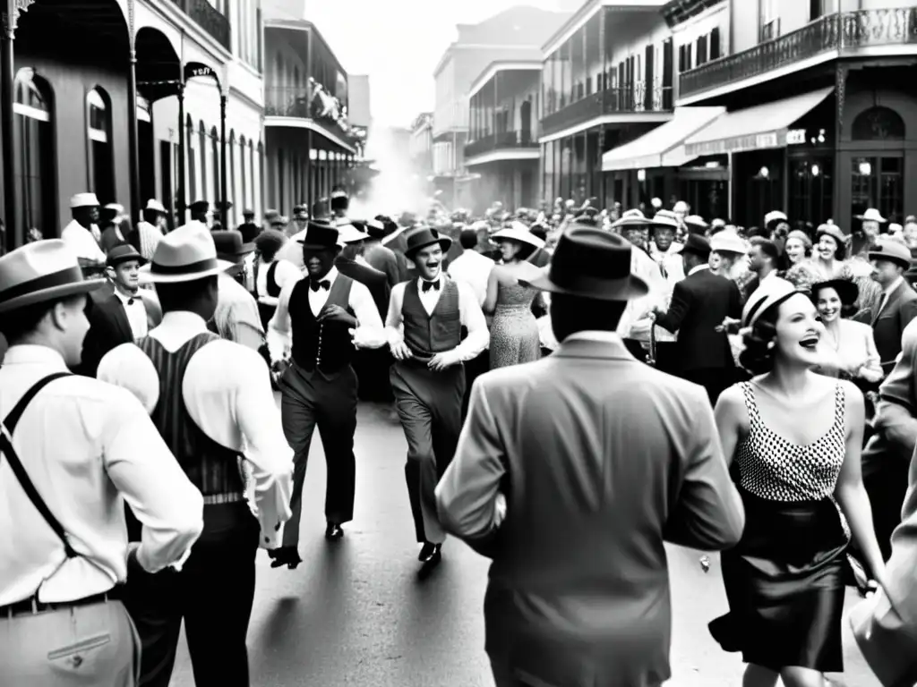 Una animada calle de Nueva Orleans con gente vestida de la era del swing bailando al ritmo del jazz en vivo