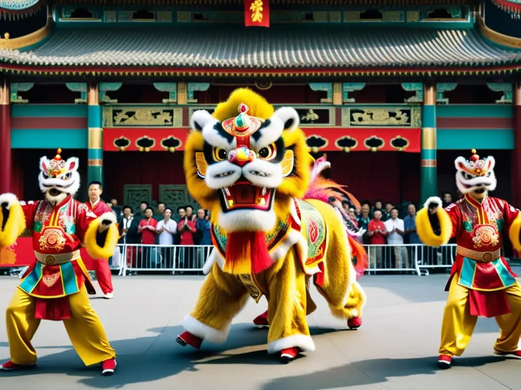 Una animada danza del león chino con trajes coloridos y expresivos, exhibiendo el significado cultural de la danza del león en China