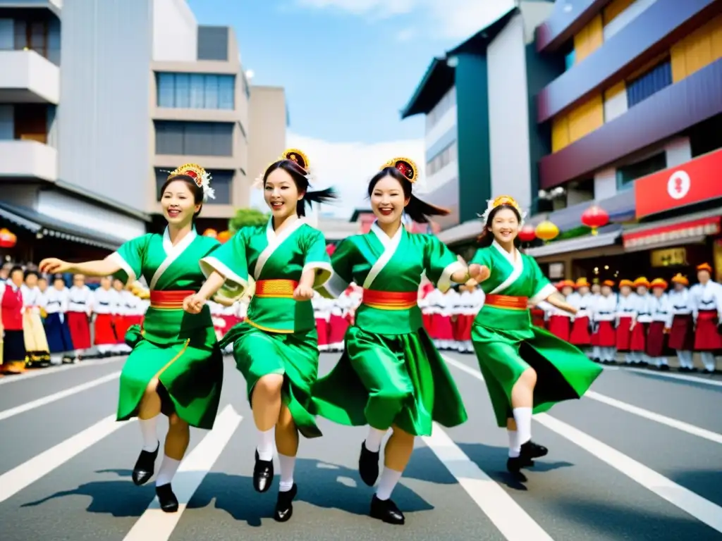 Una animada danza folclórica Yosakoi Japón llena de color y energía, con cientos de bailarines en trajes tradicionales ejecutando una rutina sincronizada en las bulliciosas calles japonesas durante el festival