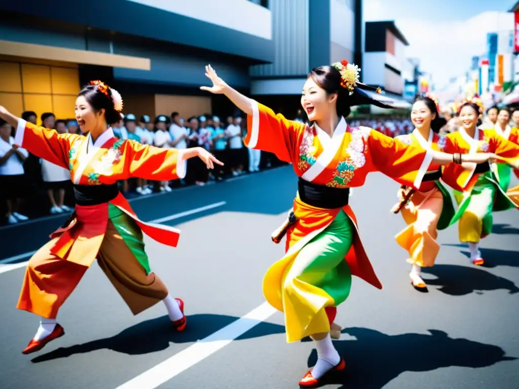 Animada presentación de la danza de grupo Yosakoi japonesa en la calle durante un festival, con trajes coloridos y coreografía dinámica