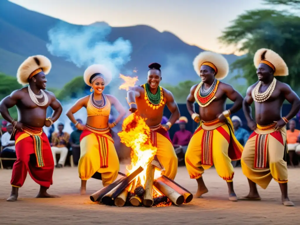 Una animada danza tradicional africana alrededor de una fogata, llenando el aire con significado cultural y tradición africana