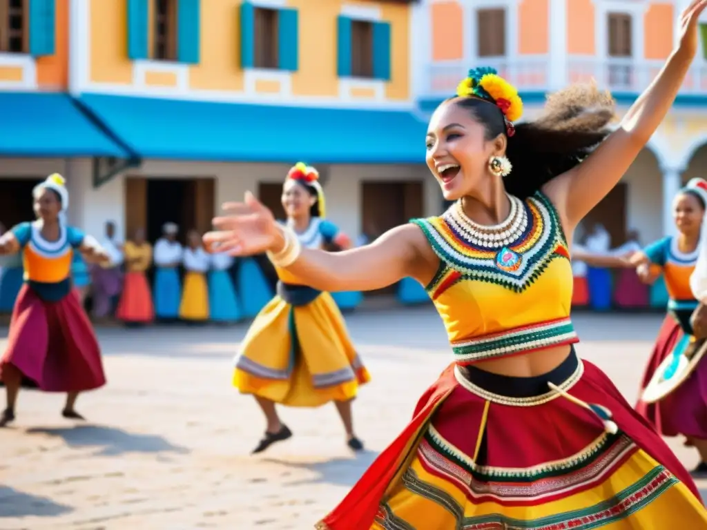 Una animada danza tradicional en una bulliciosa plaza, músicos y bailarines con coloridos trajes en movimiento