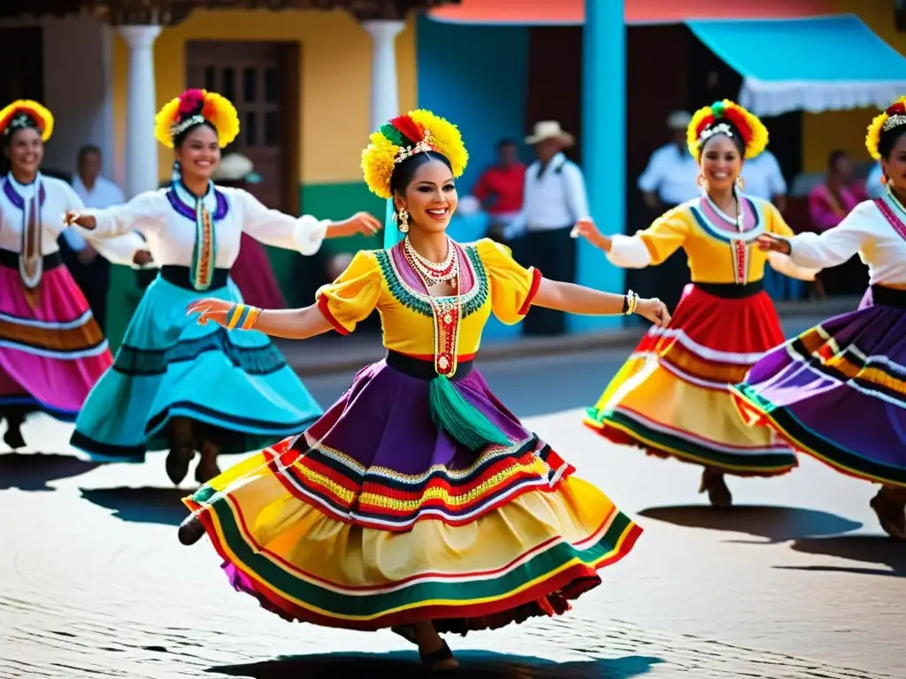 Una animada presentación de danza tradicional en un bullicioso mercado latino