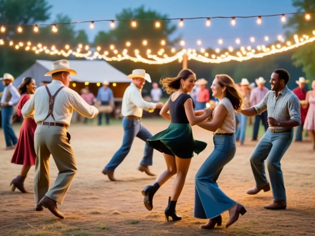 Animada fiesta rural de hoedown, con baile y ambiente nostálgico iluminado por luces