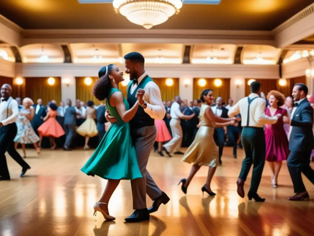 Una animada pista de baile llena de diversidad y energía, reflejando las raíces afroamericanas del swing y lindy hop