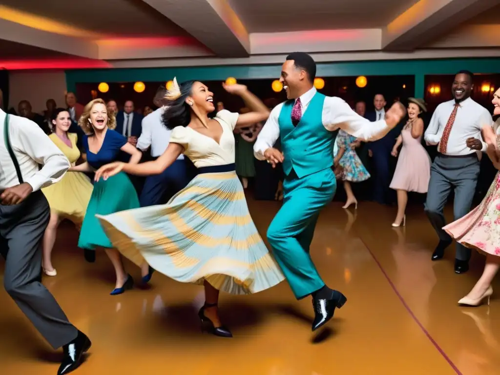 Una animada pista de baile llena de personas de diferentes edades y orígenes, bailando al ritmo del swing