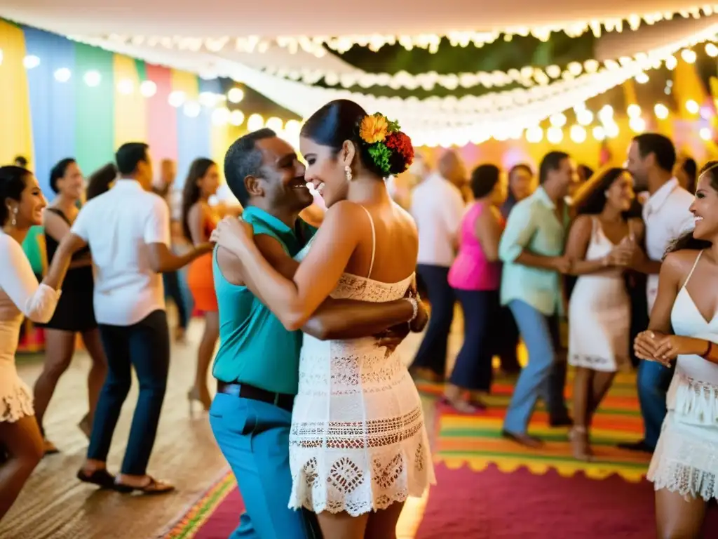 Una animada pista de baile en el Nordeste de Brasil, llena de parejas disfrutando del ritmo contagioso del forró brasileño