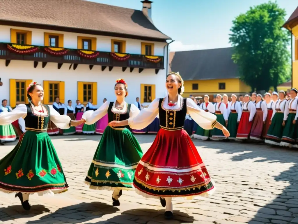 Una animada presentación de danza folclórica húngara en una plaza de pueblo pintoresca, capturando la pasión y energía del significado cultural del csárdás húngara