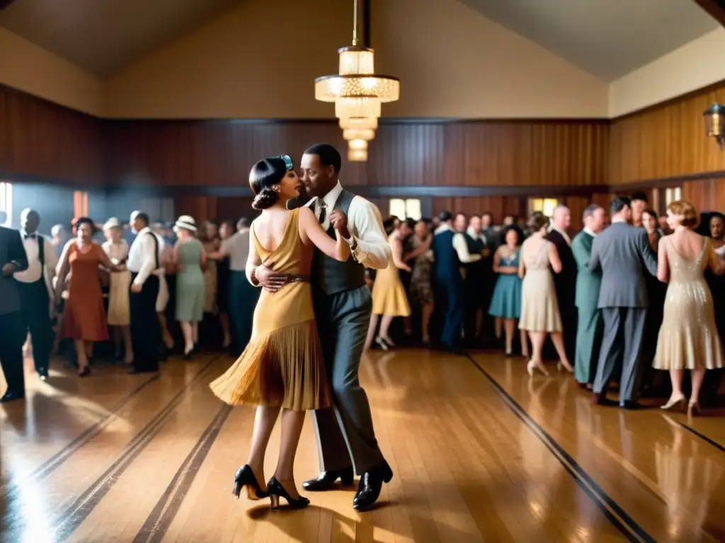 Una animada sala de baile de los años 20 llena de parejas elegantemente vestidas bailando Lindy Hop
