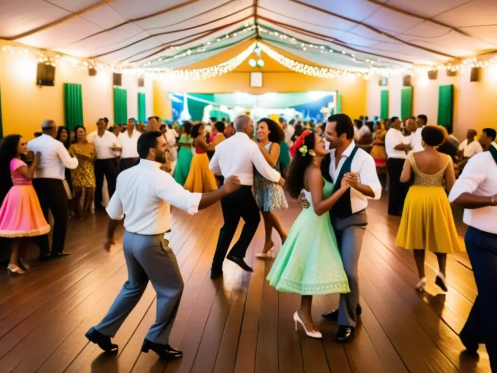 Una animada sala de baile de forró en Brasil, con parejas en trajes tradicionales disfrutando de la música y la atmósfera festiva