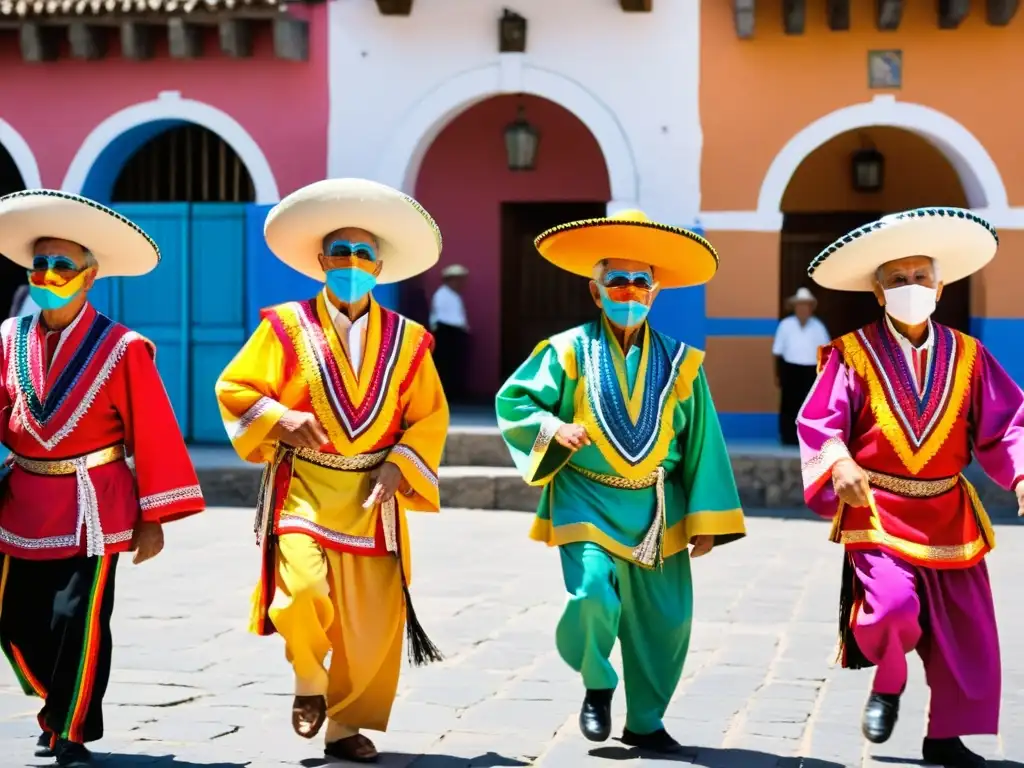 Un animado baile de Danza de los Viejitos michoacana en la plaza, capturando la esencia de la tradición y comunidad en México