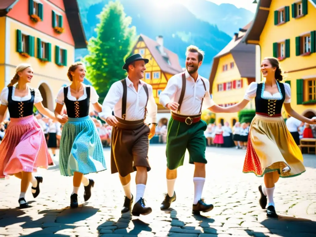 Un animado baile de polka bávara en una plaza soleada, con lugareños vestidos con lederhosen y dirndls