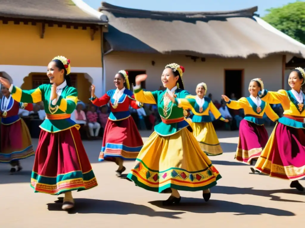 Danza tradicional llena de color y alegría en la plaza del pueblo Un animado baile tradicional en una plaza soleada, con espectadores sonrientes de todas las edades