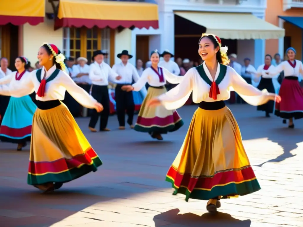 Un animado espectáculo de danzas folclóricas tradicionales en una plaza vibrante